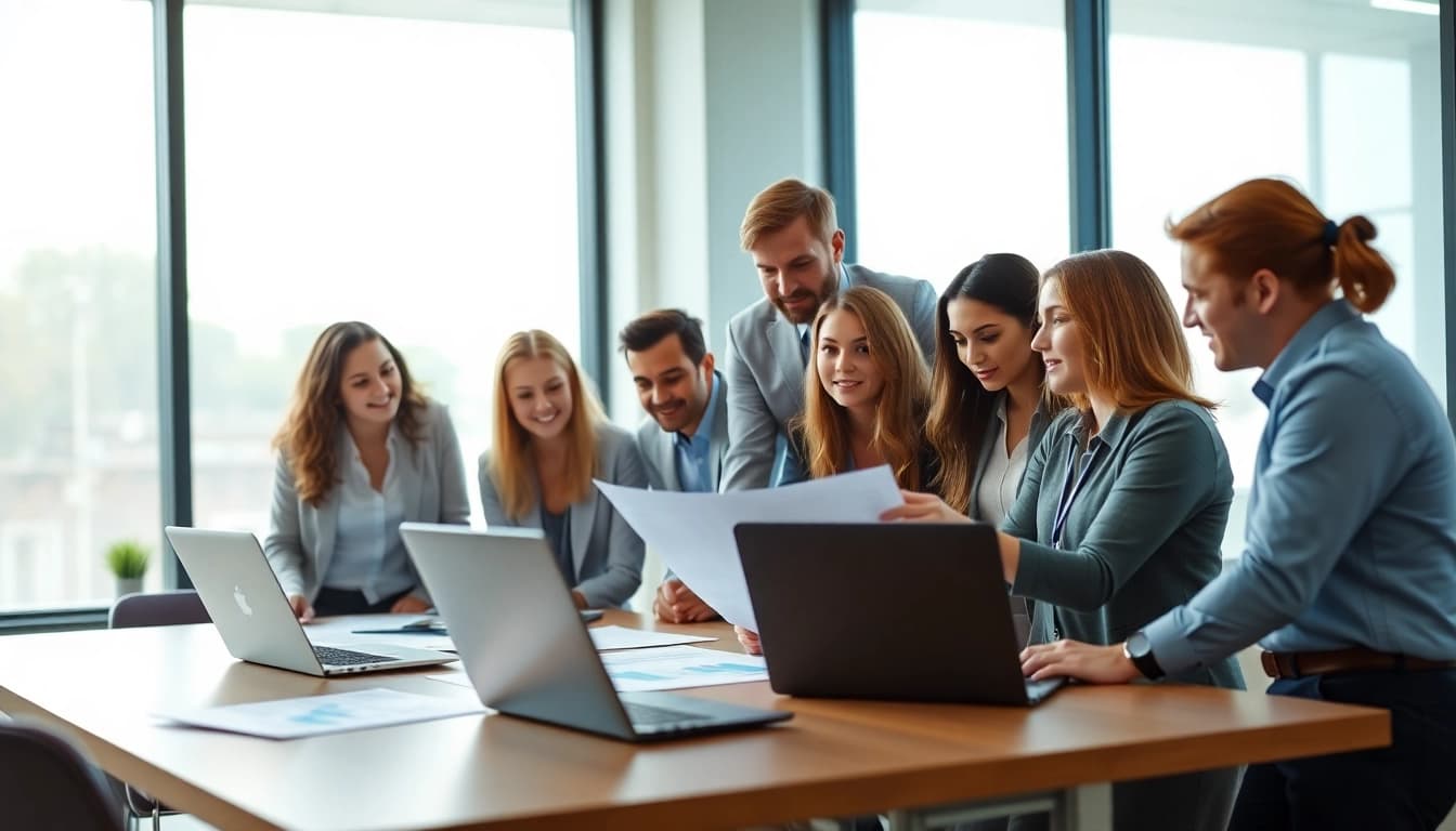 Illustration of a workplace assessment, featuring a diverse team engaged in collaborative discussions.