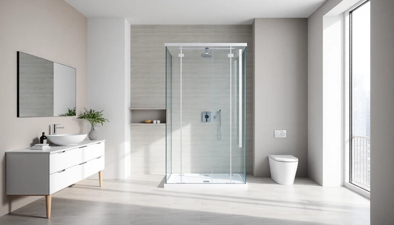 Betrachten Sie die elegante sonni Duschkabine 90x90 in einem modernen Badezimmer mit minimalistischem Design.