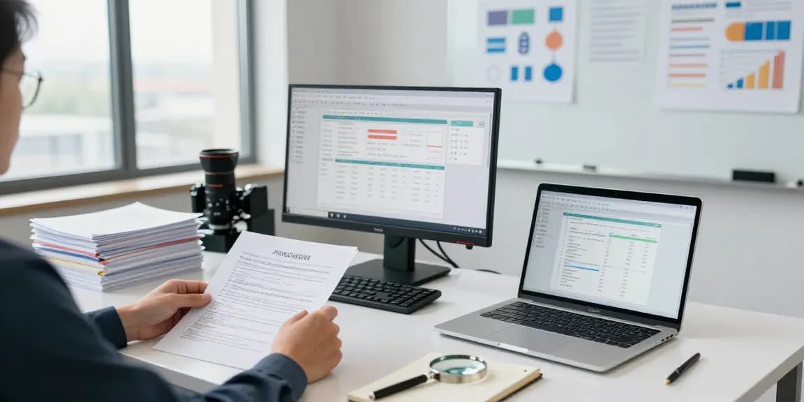 Forensic auditor at aafikotatangerangselatan.org analyzing financial data in a modern office setting.