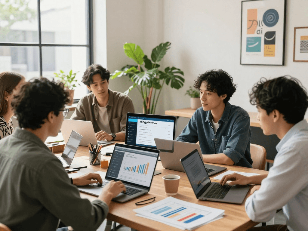 Entrepreneurs discussing starrtups services in a vibrant co-working space.