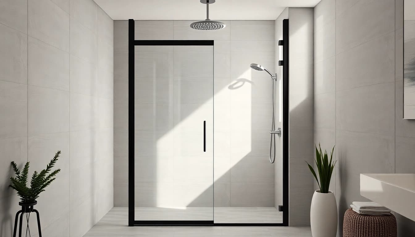 Modern black shower door enhancing a stylish bathroom decor with minimalist design.