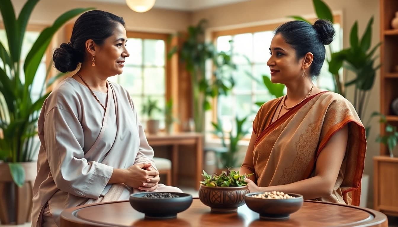 Engaging Ayurveda Consultation between a practitioner and a patient in a serene clinic environment.