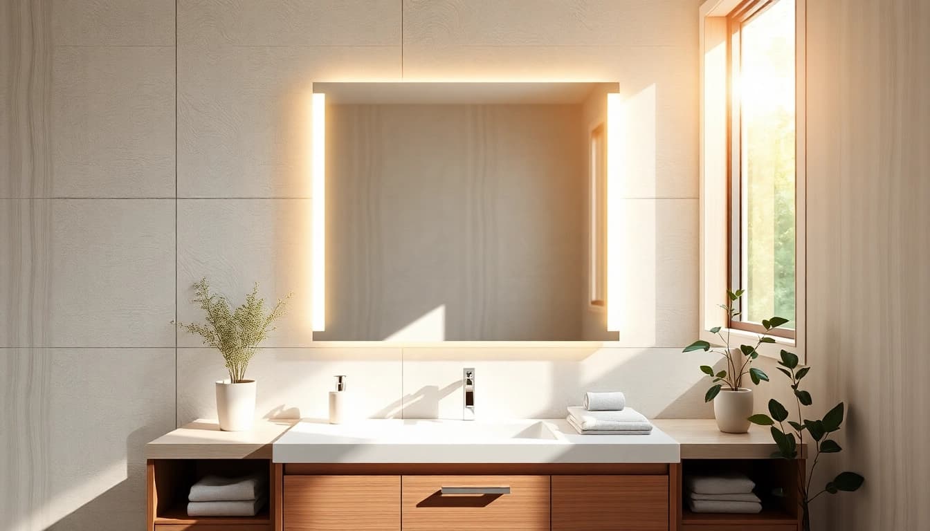 Stylish led mirror bathroom with integrated lighting above a modern vanity.