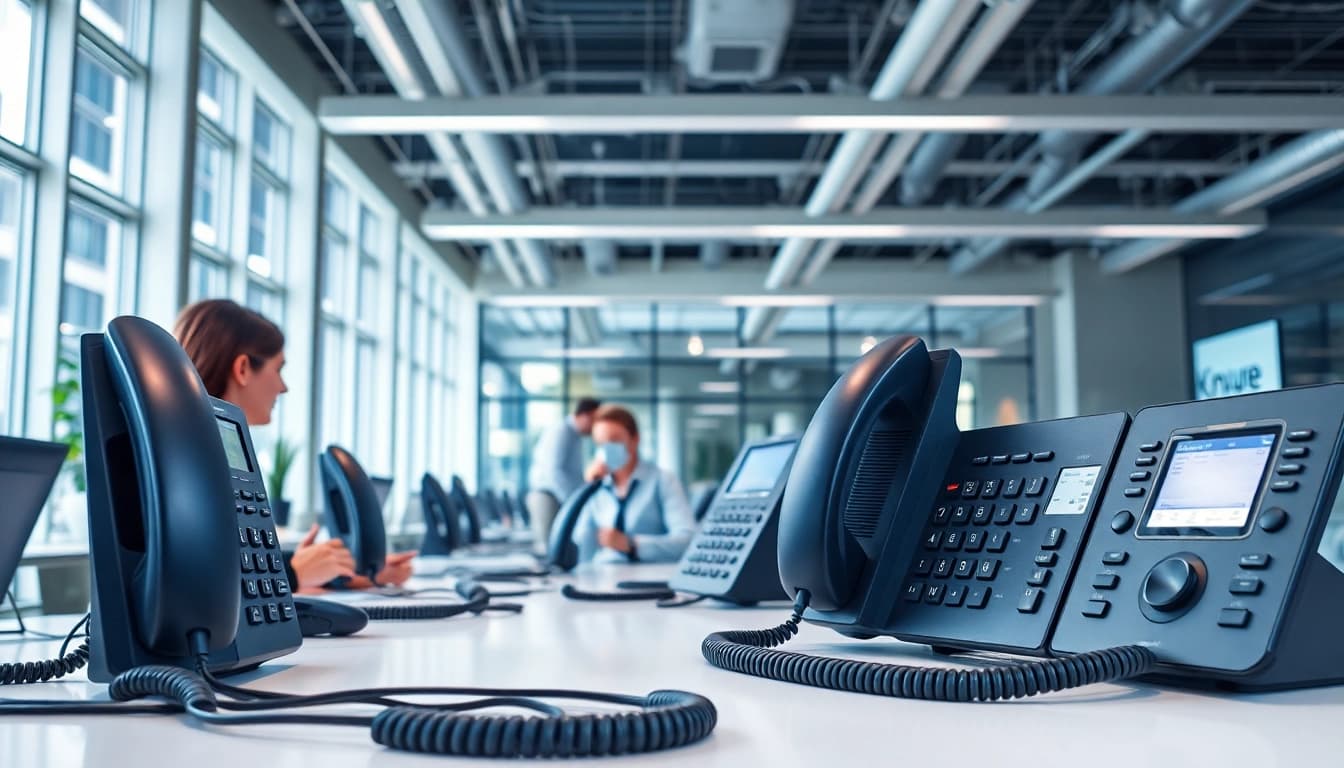 Showcasing modern telephone systems in a professional office environment with advanced features.