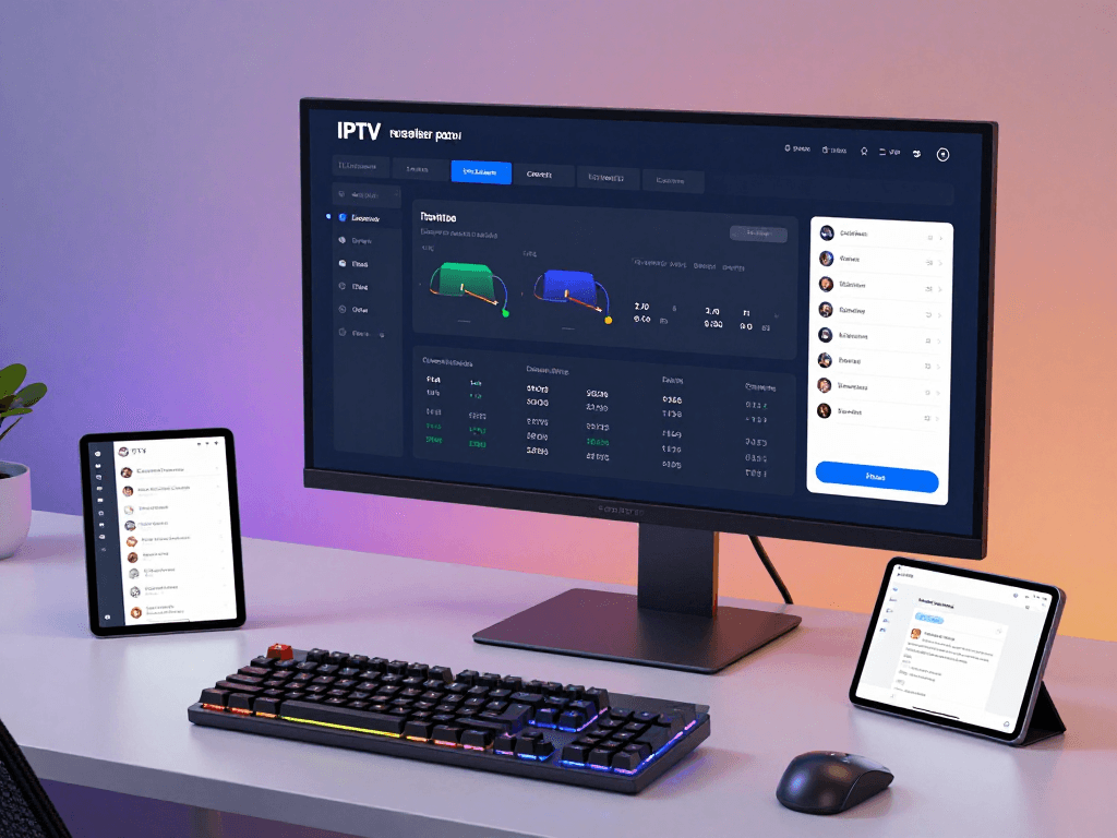 IPTV reseller panel interface visualisation with advanced cloud technology metrics and user insights on a modern workspace setup.