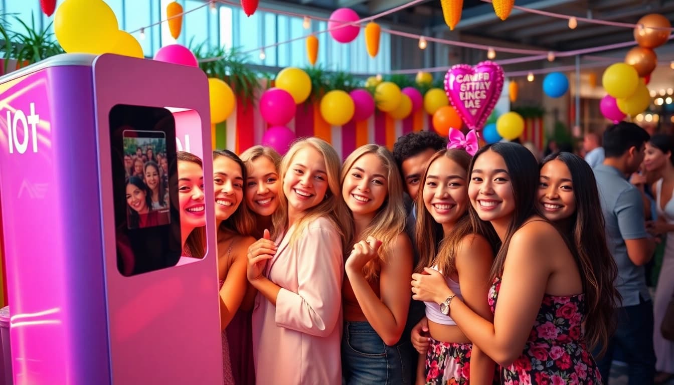 Joyful guests having fun in a photo booth rental chicago during a vibrant event.