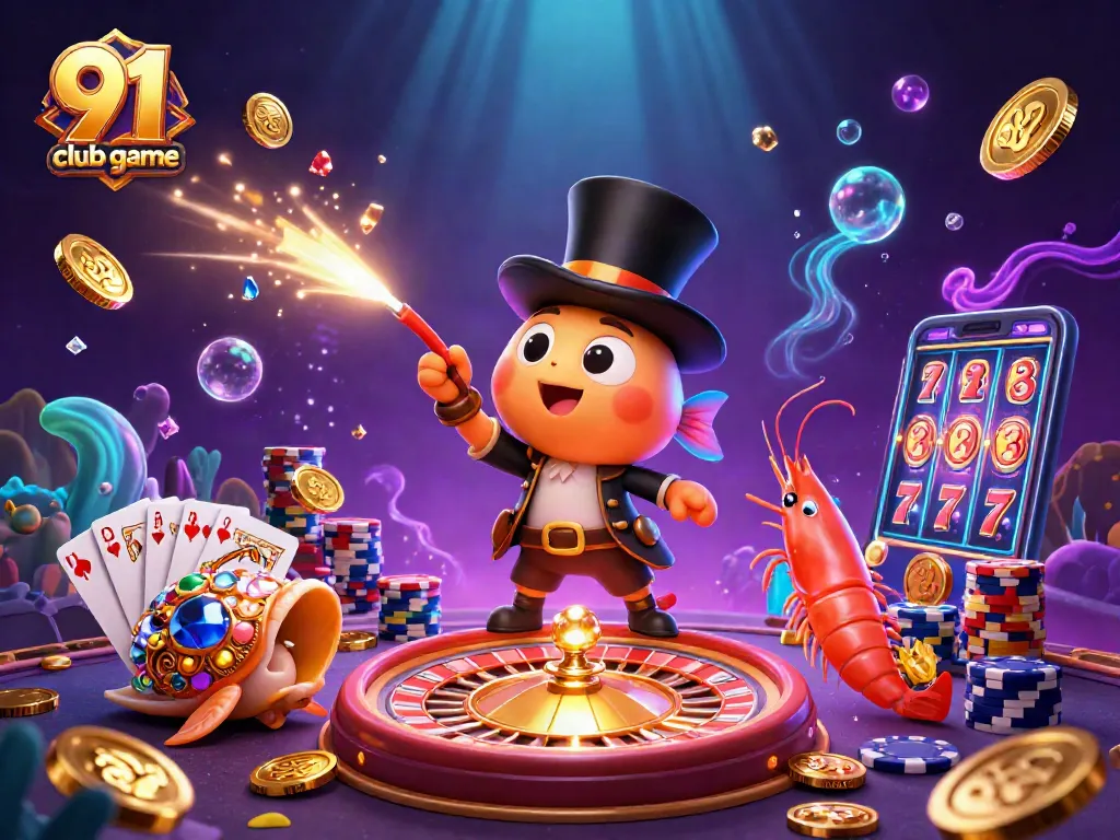 Engage in the thrilling 91 club game with vibrant characters attracting golden coins in a rich casino atmosphere.
