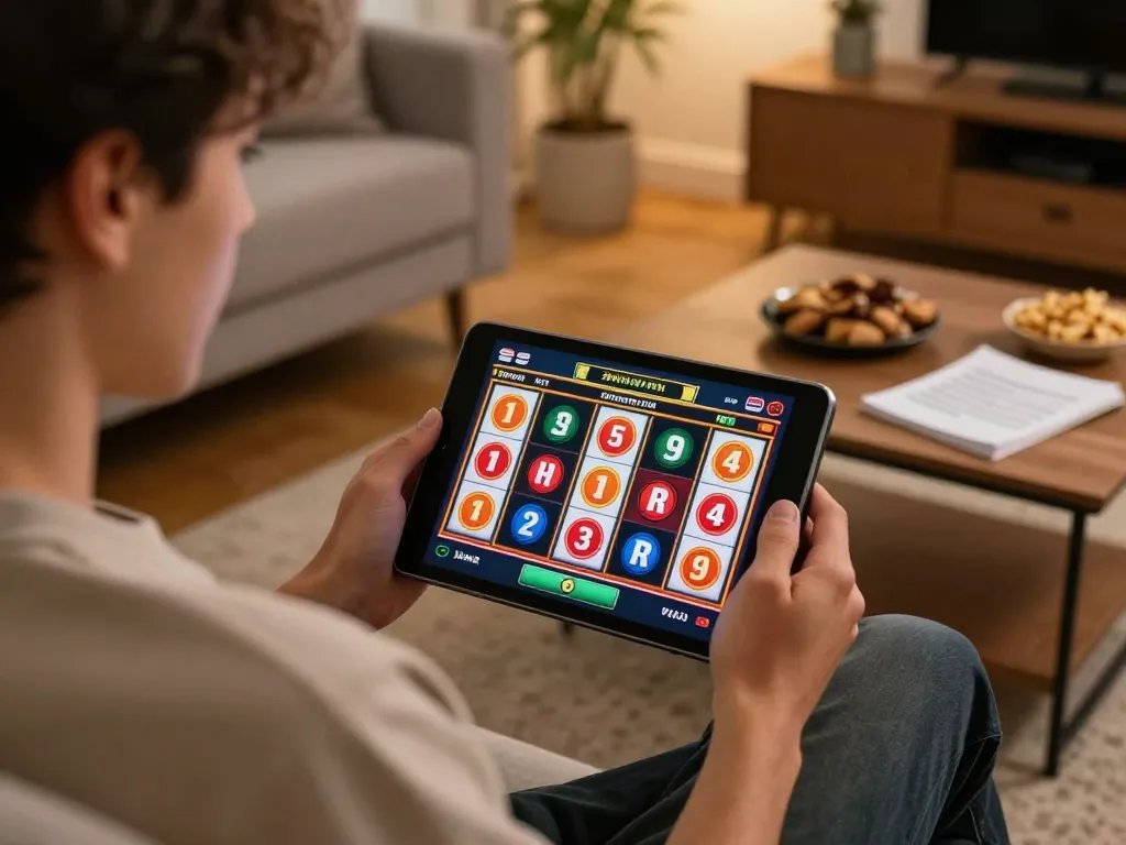 Engaging in online gaming on a tablet showcasing Game nổ hũ uy tín with exciting slot reels