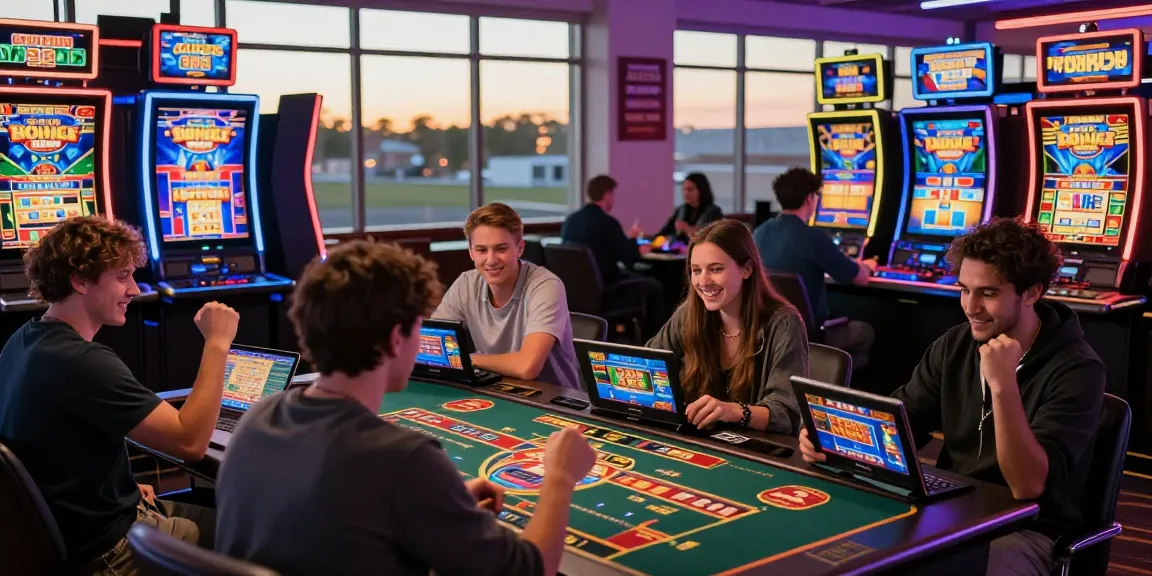 Excited players celebrating wins at credit card casinos, vibrant gaming atmosphere with neon lights and live dealer action.