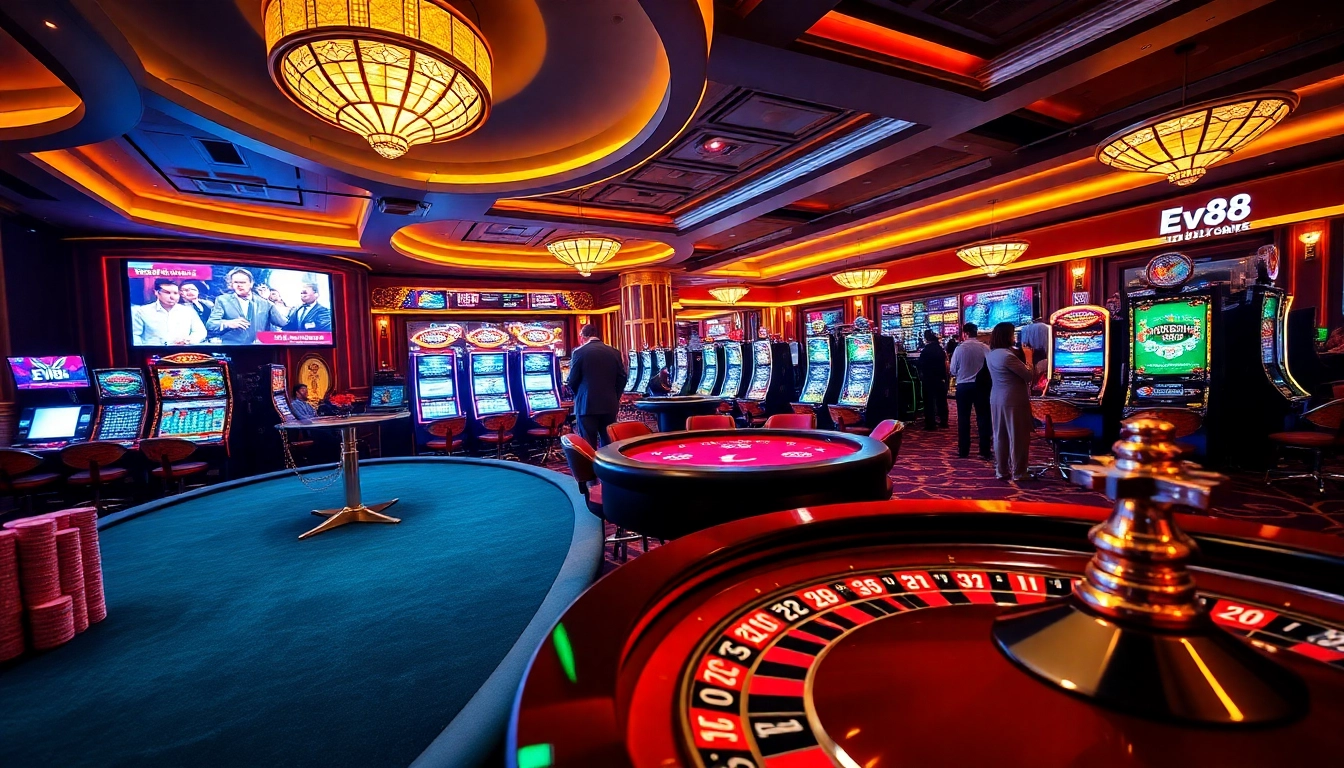 Ev88 players enjoying an exciting online gambling experience at a luxurious casino environment.