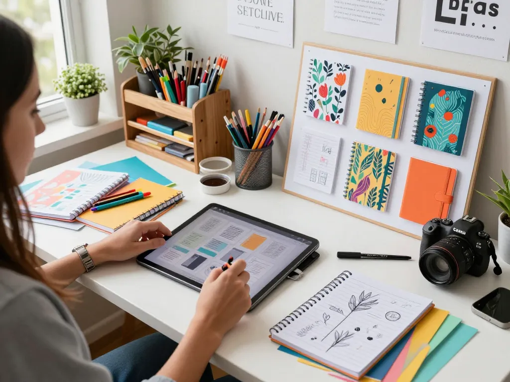 Designer creating custom printed notebooks in a vibrant workspace with colorful sketches and tools.
