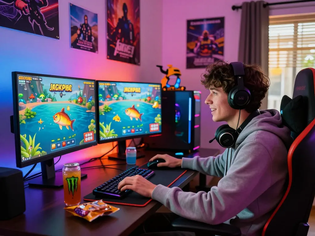 Engaged gamer at a gaming desk exploring online fishing games on https://fun79.bio/ in a vibrant gaming environment.