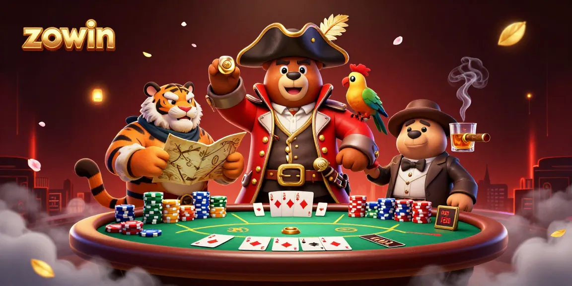 Zowin's thrilling gaming scene showcases a pirate captain bear and a fierce tiger at a poker table.