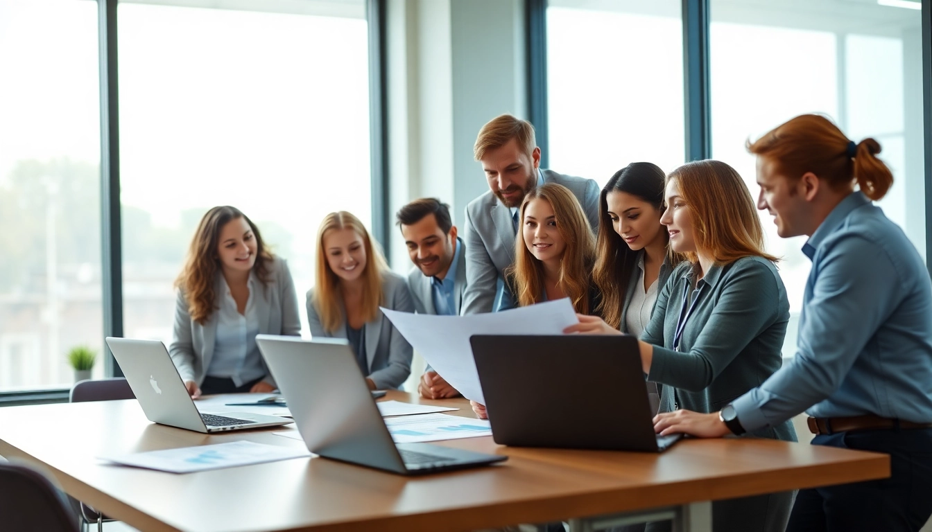 Illustration of a workplace assessment, featuring a diverse team engaged in collaborative discussions.