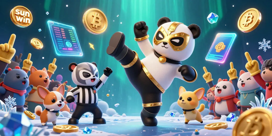 Experience excitement with sun win as the wrestler panda performs a flying kick amidst vibrant casino elements.