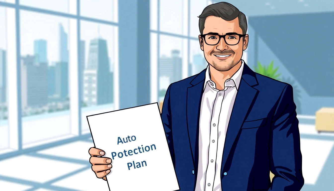 Evaluate the benefits of an auto protection plan with a financial advisor in a vibrant office.