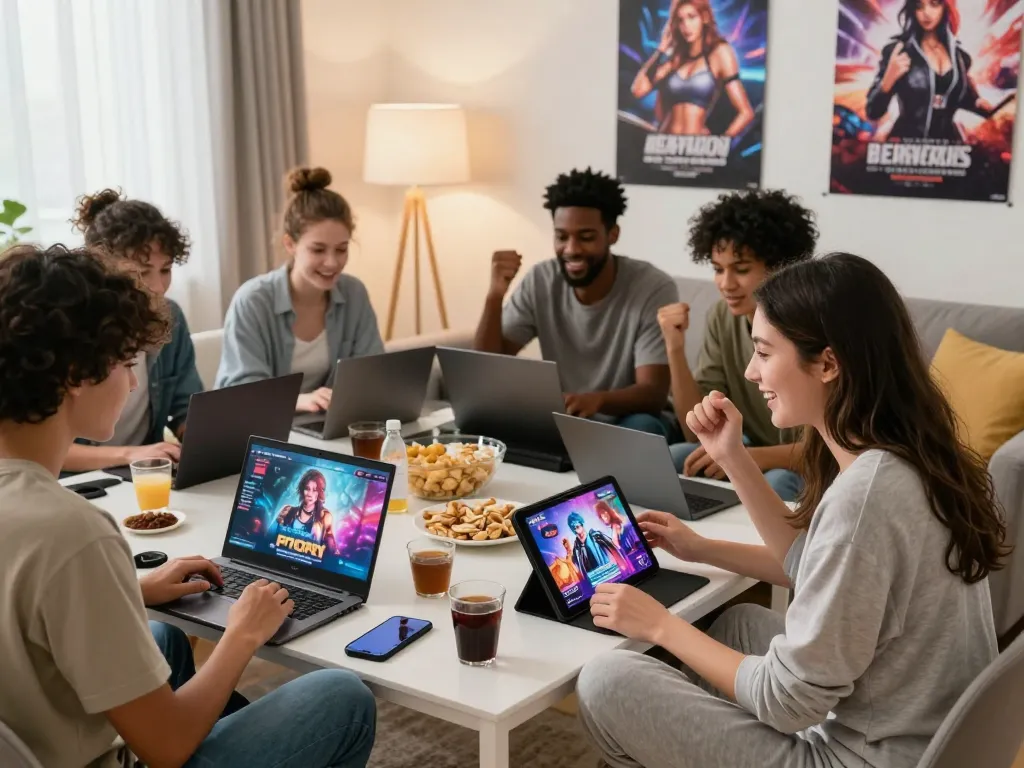 Group of friends enjoying popular porn games in a cozy living room