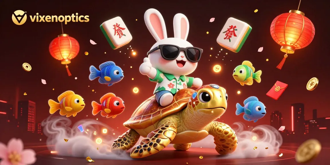 vixenoptics showcases a vibrant illustration of a lucky rabbit and golden sea turtle celebrating at a lively casino