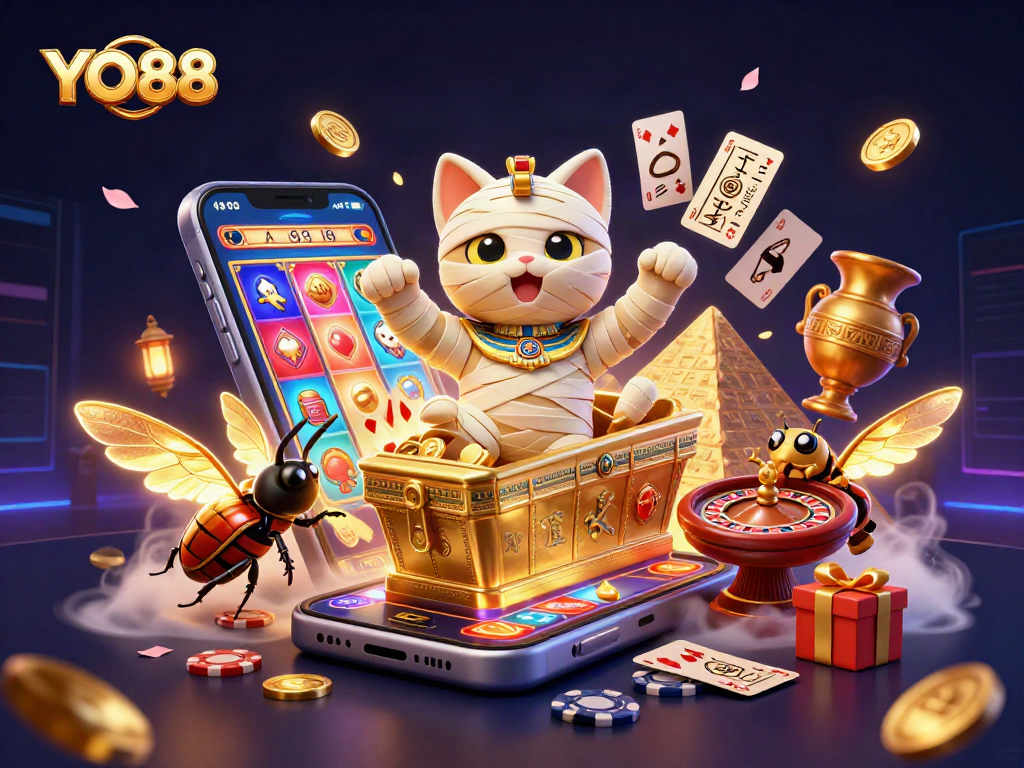 Engage with YO88's thrilling adventures featuring a mummy cat and a scarab beetle in an exciting casino scene.