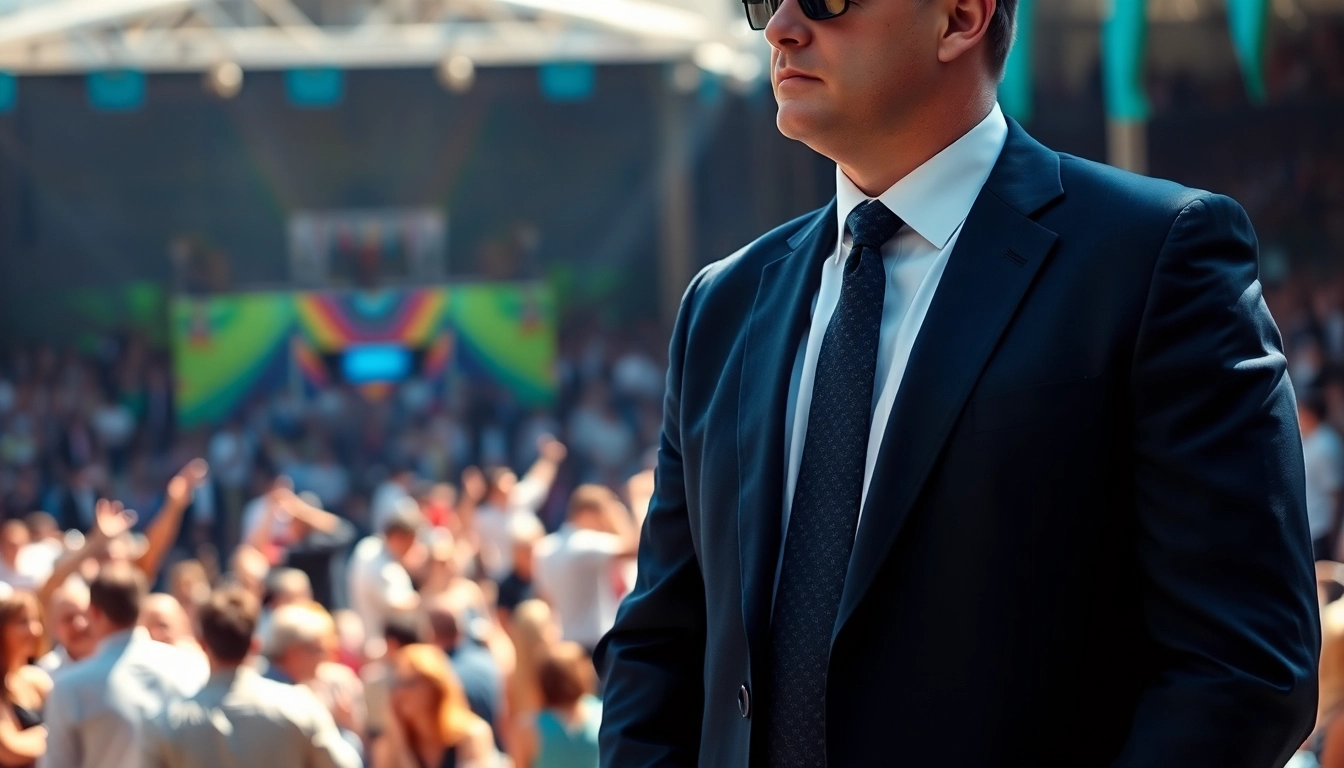 Event Security officer providing protection at a festive outdoor gathering, emphasizing safety and vigilance.