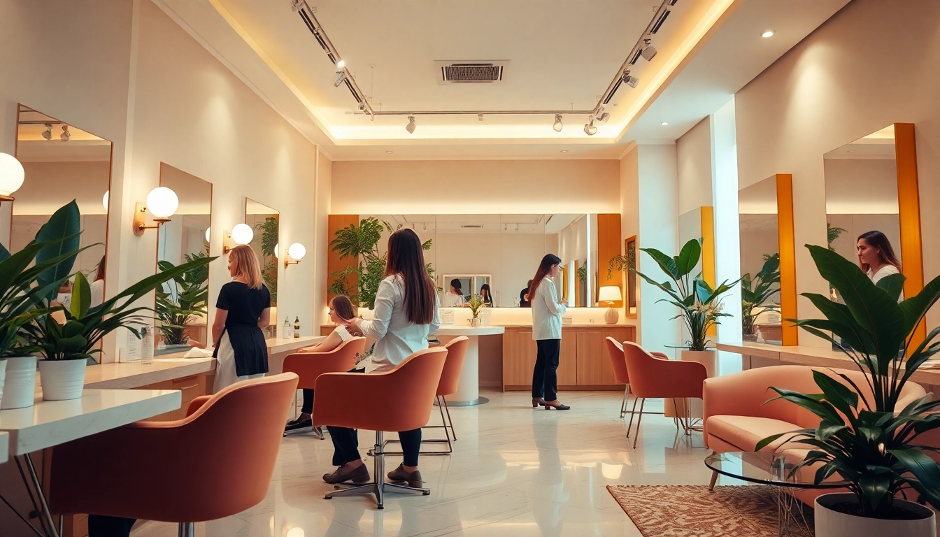 Stylish interior of professional hair salons with expert stylists assisting clients in a cozy atmosphere.