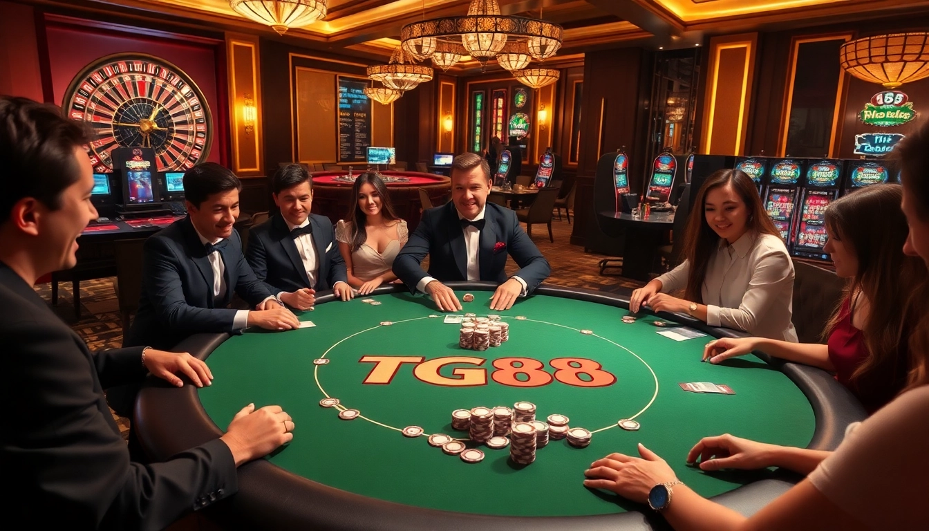 Players engaging at the TG88-themed poker table in a luxurious casino setting.