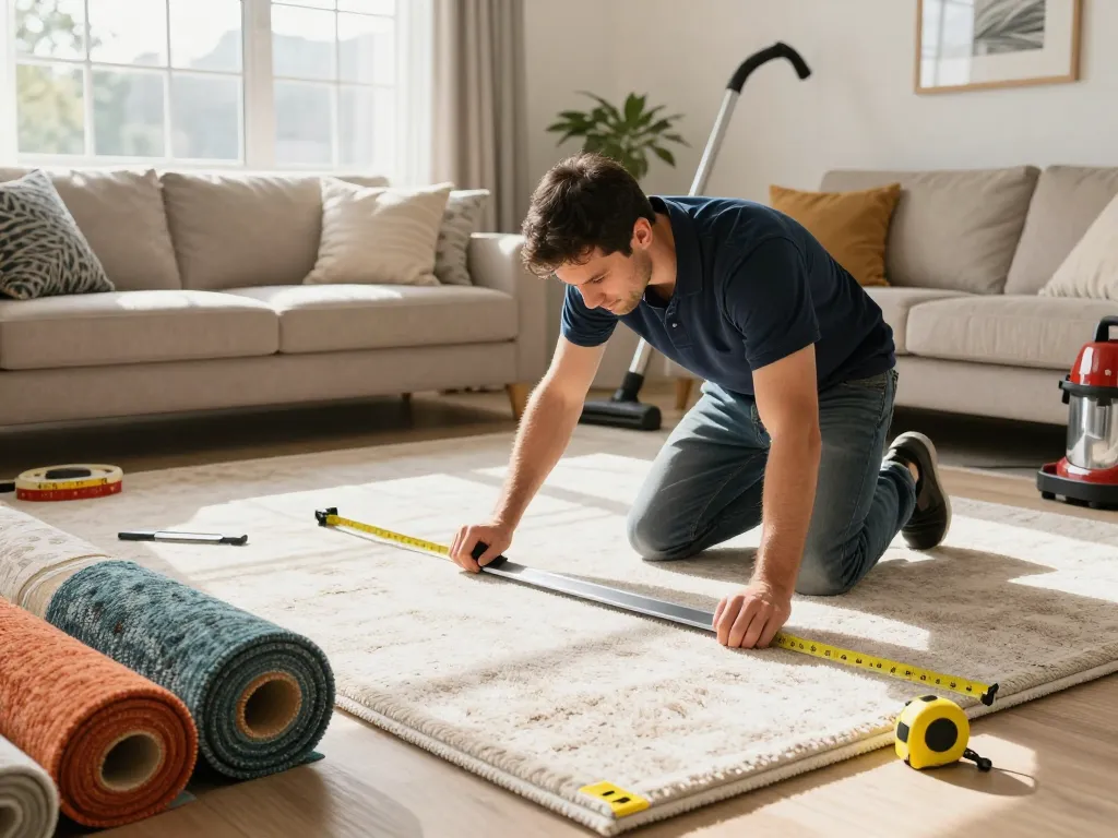 Carpet fitters near me measuring a living room for carpet installation, showcasing colorful samples and tools in bright sunlight.