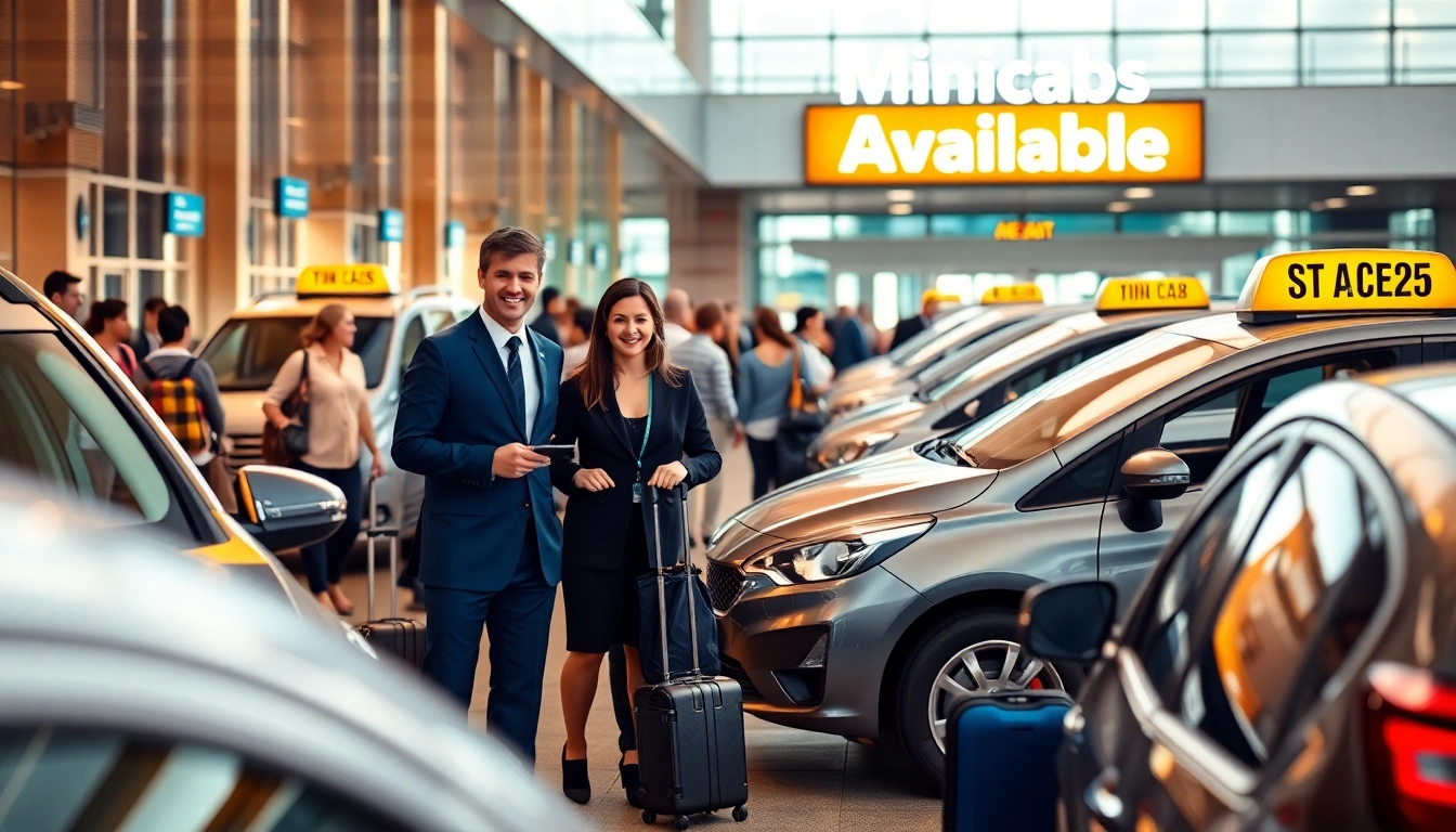 Minicabs lined up at an airport terminal, ready to serve passengers with a welcoming presence.