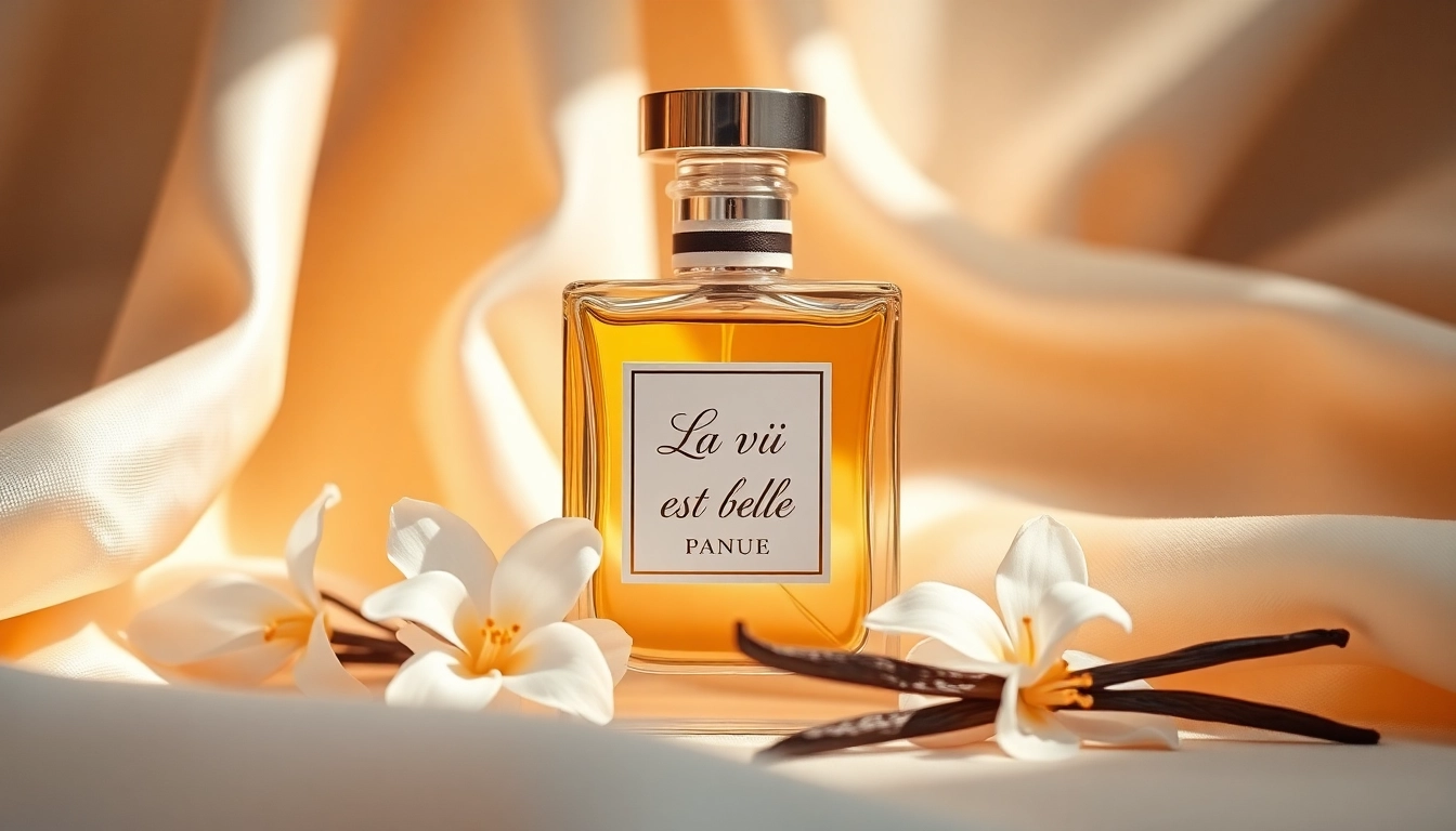 Captivating bottle of La vi est belle perfume surrounded by elegant flowers and warm light.
