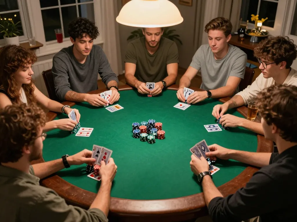 SC88 poker night with friends enjoying a vibrant game at home, capturing friendly competition.