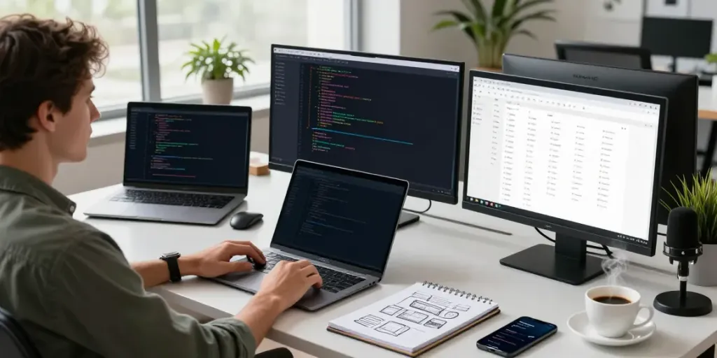 Instant indexing in a tech workspace with a developer coding on multiple monitors.
