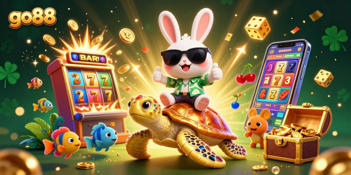 Experience go88's thrilling jackpots with a colorful cartoon scene featuring a lucky rabbit and a golden turtle.