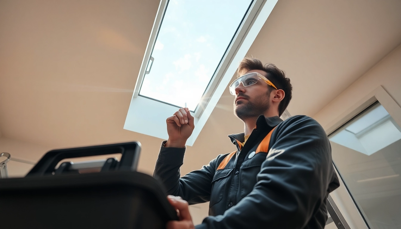 Expert technician performing Velux repairs on a skylight, showcasing professionalism and clarity.