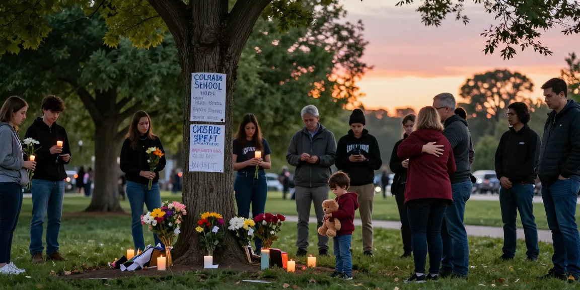 Memorial scene for victims of the Colorado School Shooting, with candles and heartfelt messages gathered by grieving families.