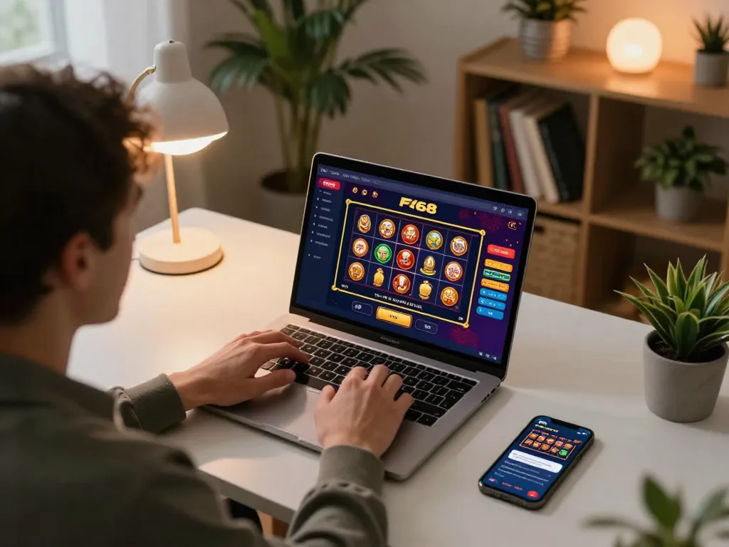 F168 player engaged with online casino games on laptop showcasing exciting betting opportunities.