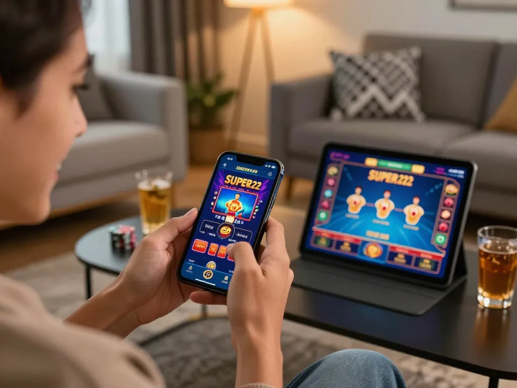 Excited player engaging with the Super 222 app on their smartphone in a cozy living room, showcasing online casino gameplay.