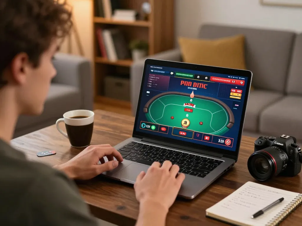 Bong88 player engaging in online poker at home, focused on gaming strategy and notes.