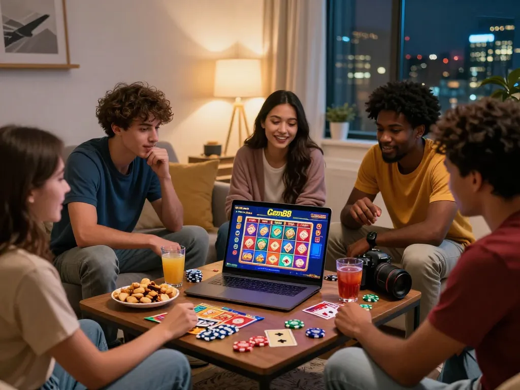 Friends enjoying online casino games on Gem88 platform in a cozy living room setting with engaging atmosphere.