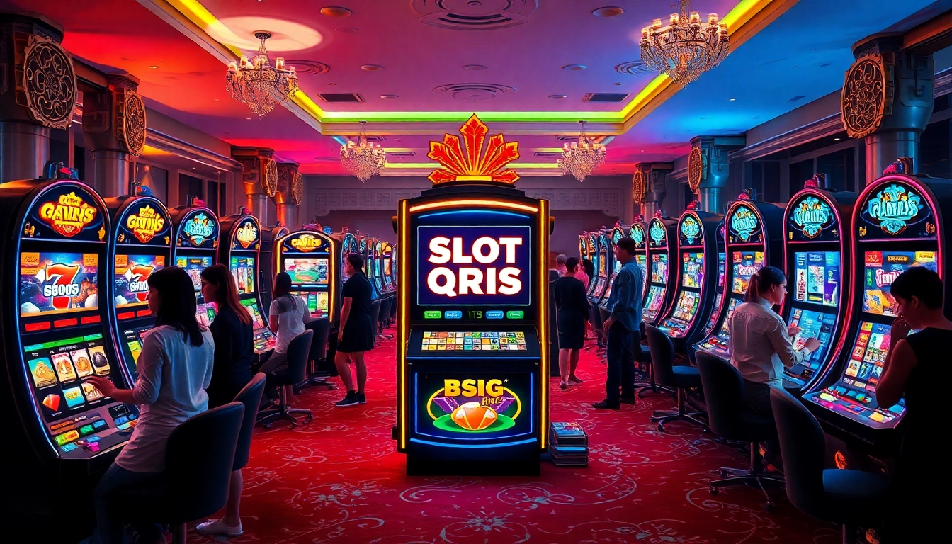 Engaged gamblers playing slot qris machines in a luxurious casino setting, showcasing excitement.