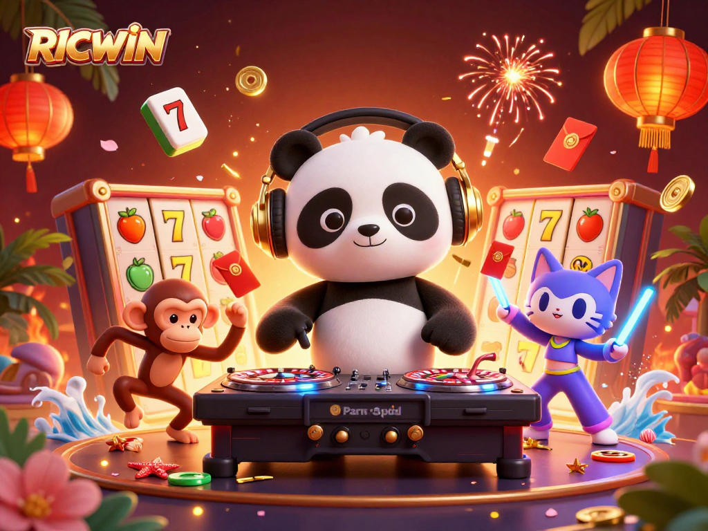 Join the gaming excitement with RICWIN as a DJ panda spins on roulette turntables.