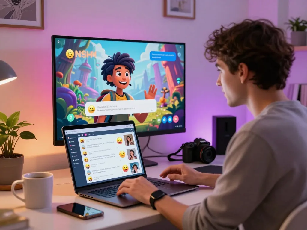 Engaging NSFW AI chat interaction on a laptop in a vibrant digital workspace setting.