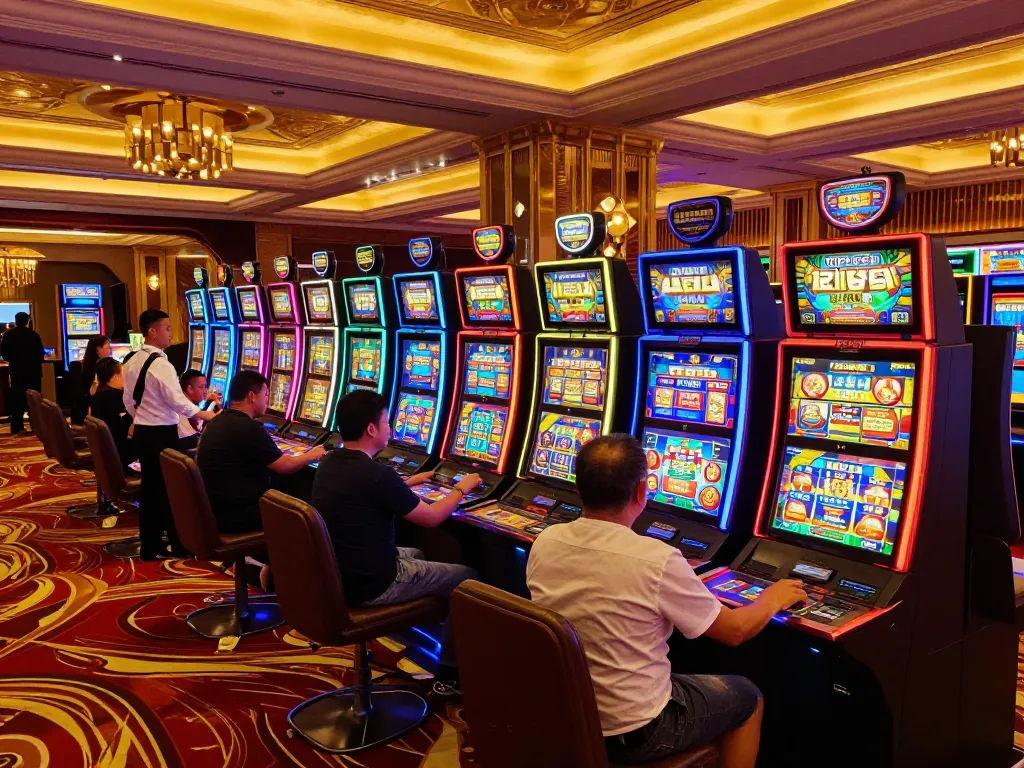 Experience the excitement of Slot Malaysia at vibrant casino floor with engaging players and colorful machines