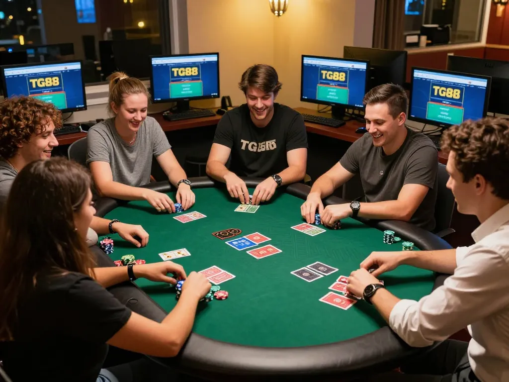 Players enjoying a poker game using TG88 at home, showcasing vibrant interactions and competitive excitement.