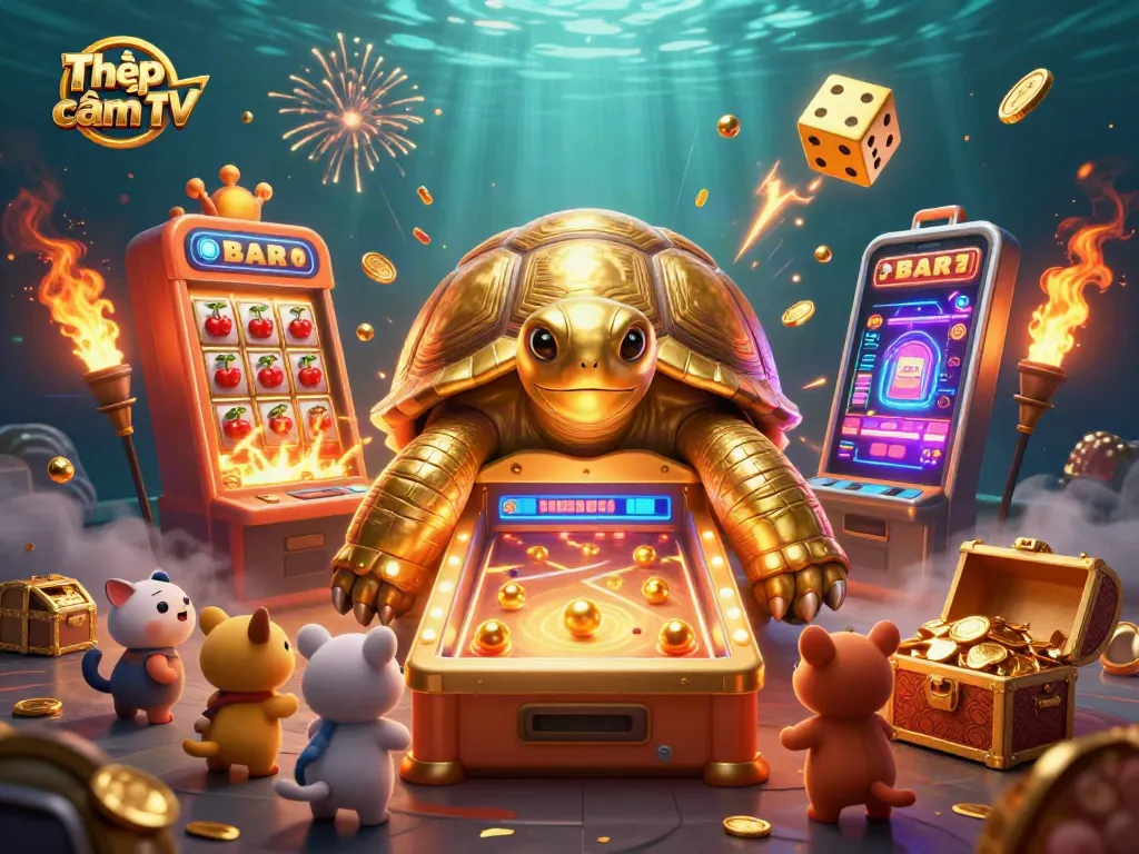Spin the slots at Thập cẩm TV with a vibrant 3D casino illustration full of action!