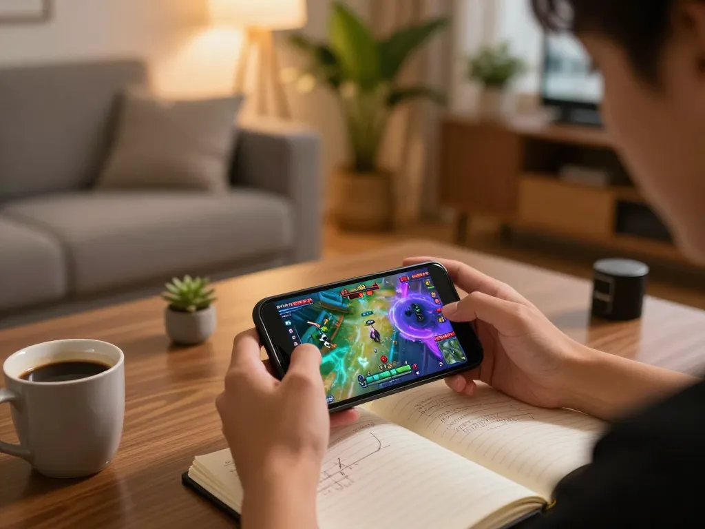 Engaging in hitclub mobile gaming from a cozy setting with a strategy notebook.