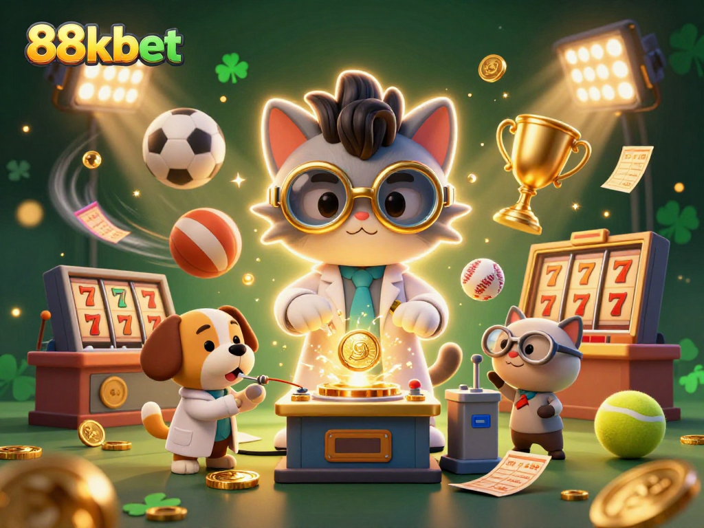 Bet on exciting games with 88kbet in a vibrant, illustrated 3D casino environment filled with sports elements.