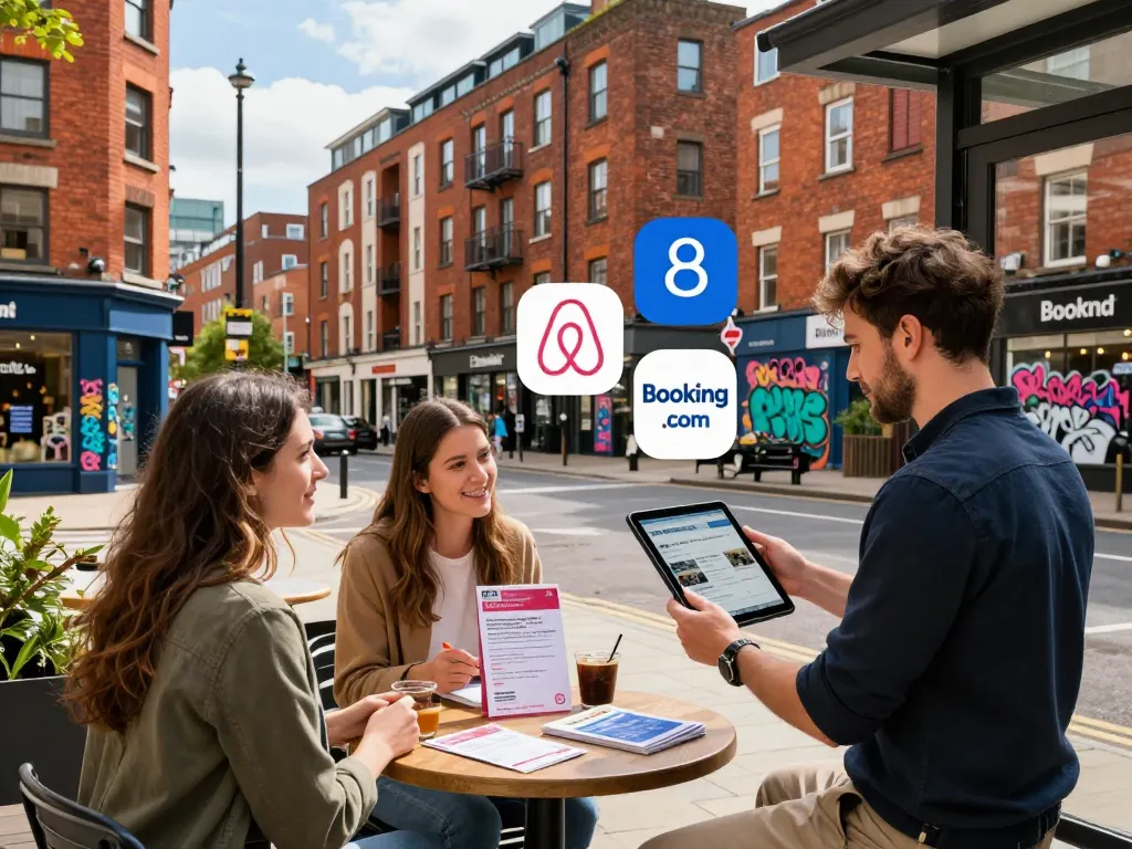 Engaging scene of Airbnb management in Manchester with host showcasing property listing to potential guests.
