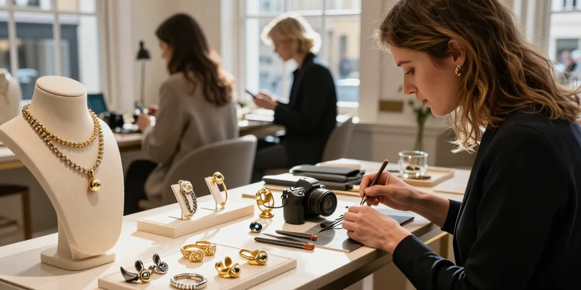 Bespoke jewellery London displayed in a chic boutique with artisan jeweller crafting unique pieces.