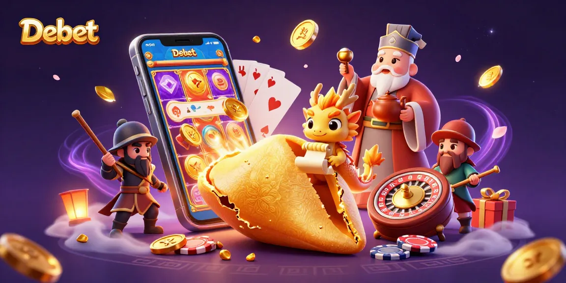 Experience the thrill of Debet with a vibrant casino scene featuring slot games, a wise dragon, and gold!