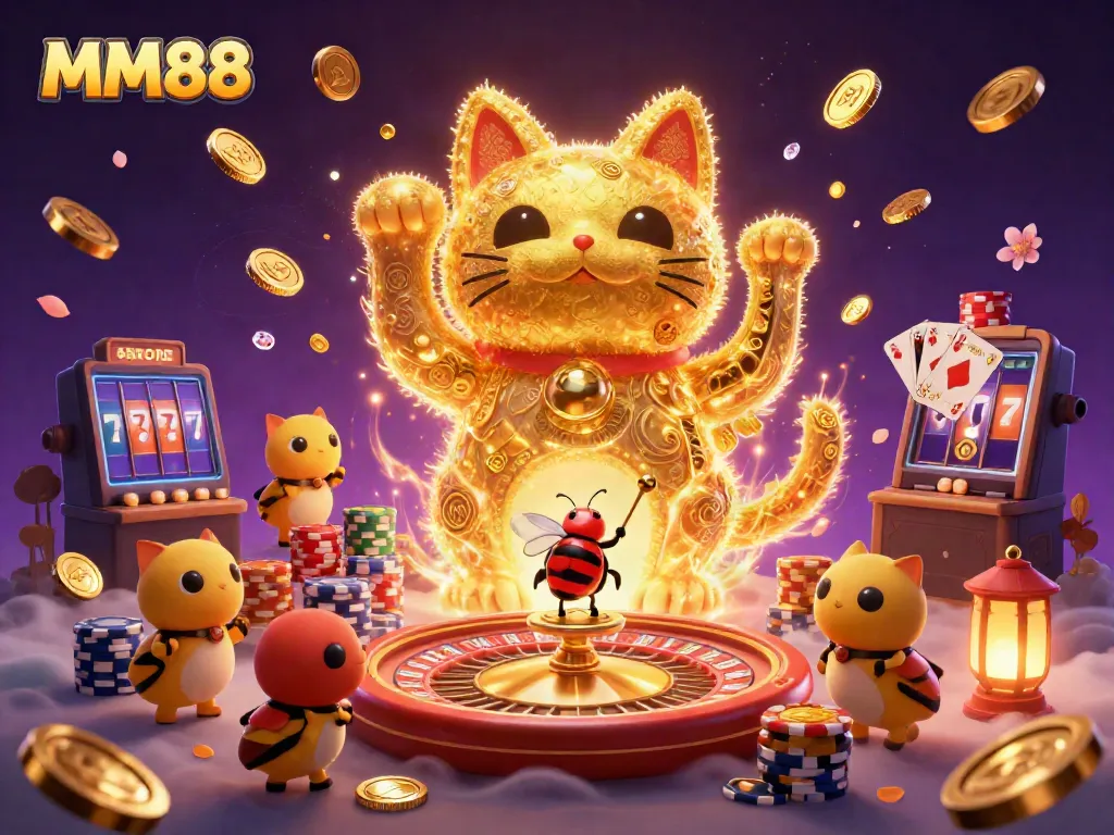 Experience the excitement of MM88 with a vibrant lucky cat and casino symbols in a dynamic illustration.